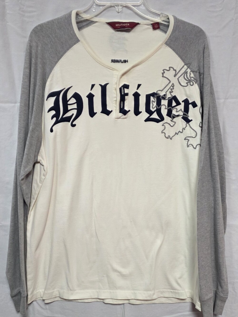 Vintage Tommy Hilfiger Men's Cream and Gray Long-Sleeve Henley Shirt